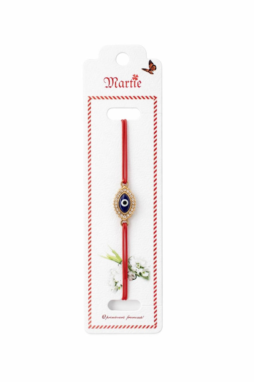 Set 24 Bratari Martisor cu Ochi Protector Auriu si Strasuri, Snur Rosu Elastic, 12x3cm