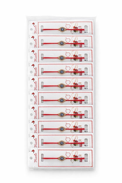 Set 24 Bratari Martisor cu Ochi Protector Auriu si Strasuri, Snur Rosu Elastic, 12x3cm