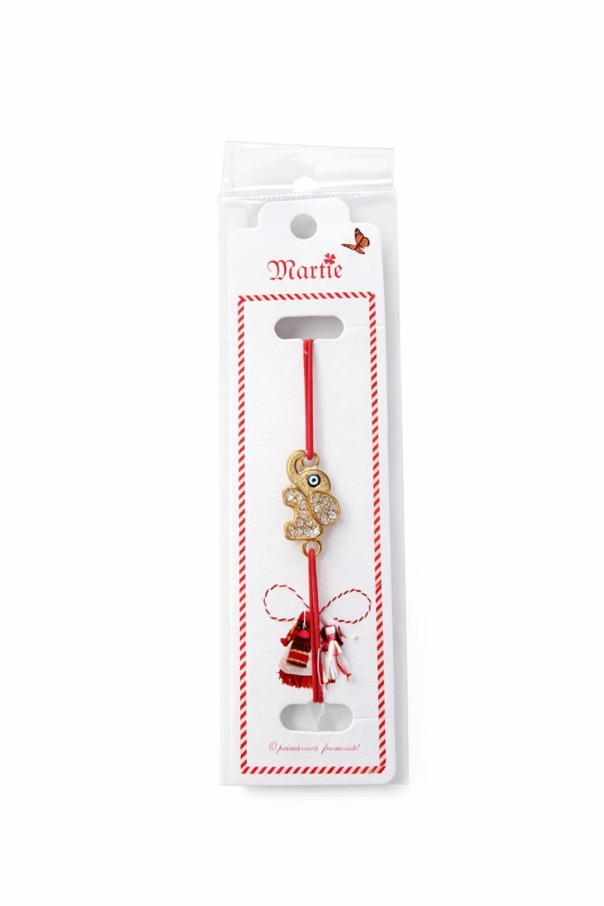Set 24 bratari martisor cu snur rosu elastic, elefant auriu cu strasuri