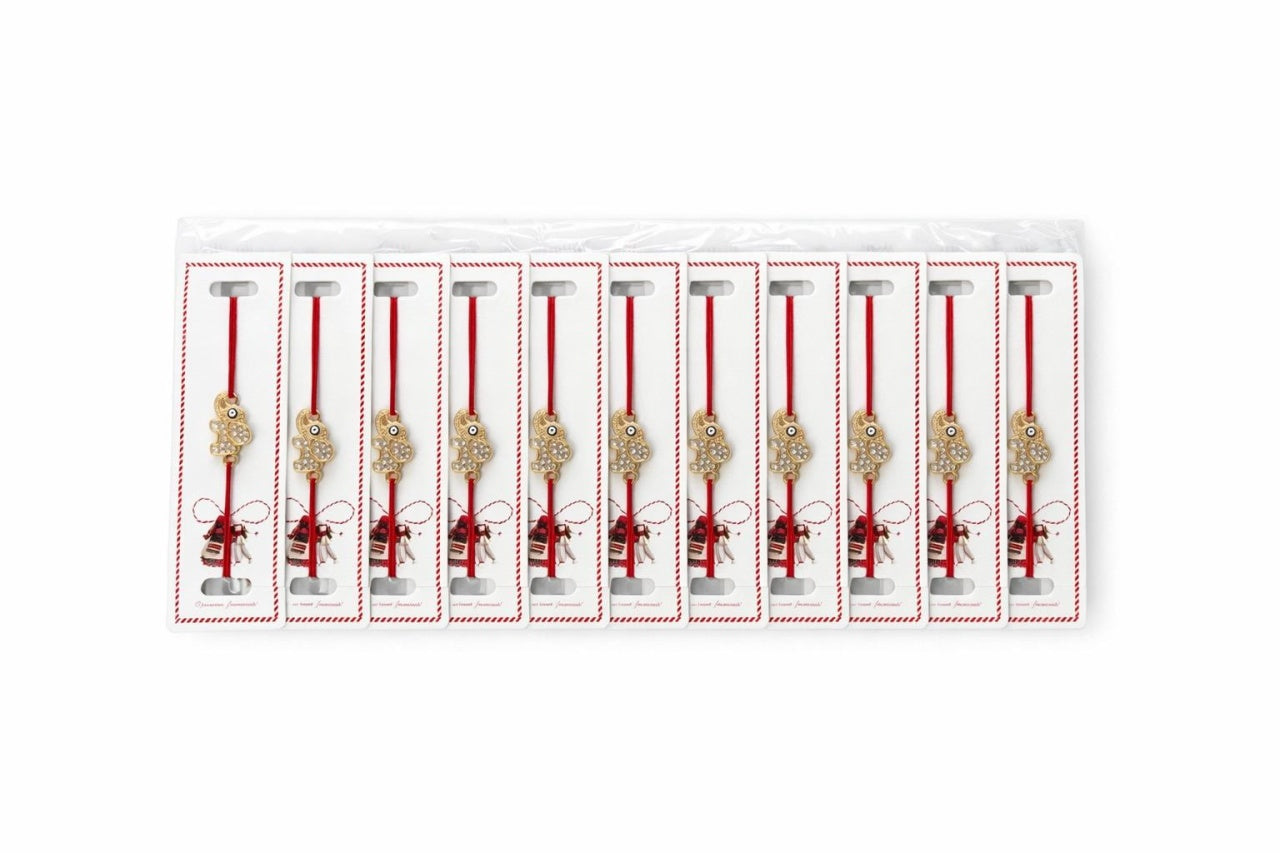 Set 24 bratari martisor cu snur rosu elastic, elefant auriu cu strasuri
