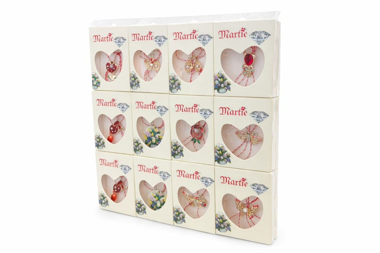 Set 24 Brose Martisor Premium cu Stralucire Eleganta , Modele Variate, Ambalaj Individual 9x7.5 cm
