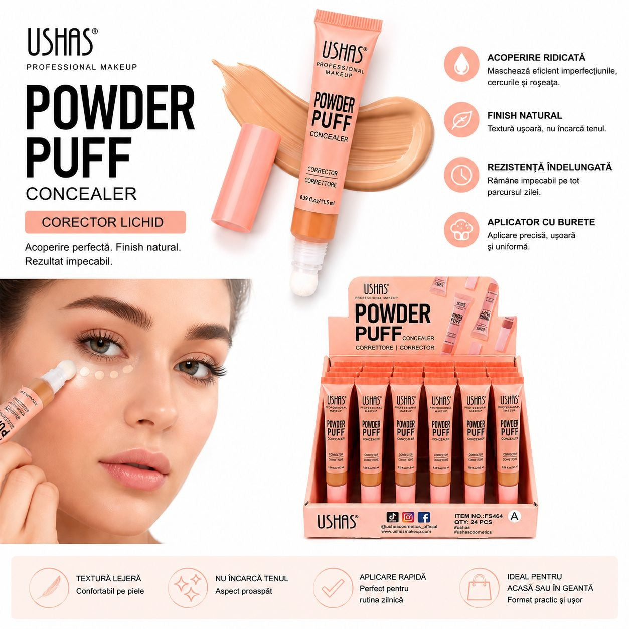 Set 24 Corector Lichid USHAS Powder Puff Concealer – Acoperire Ridicată, Aplicator Burete