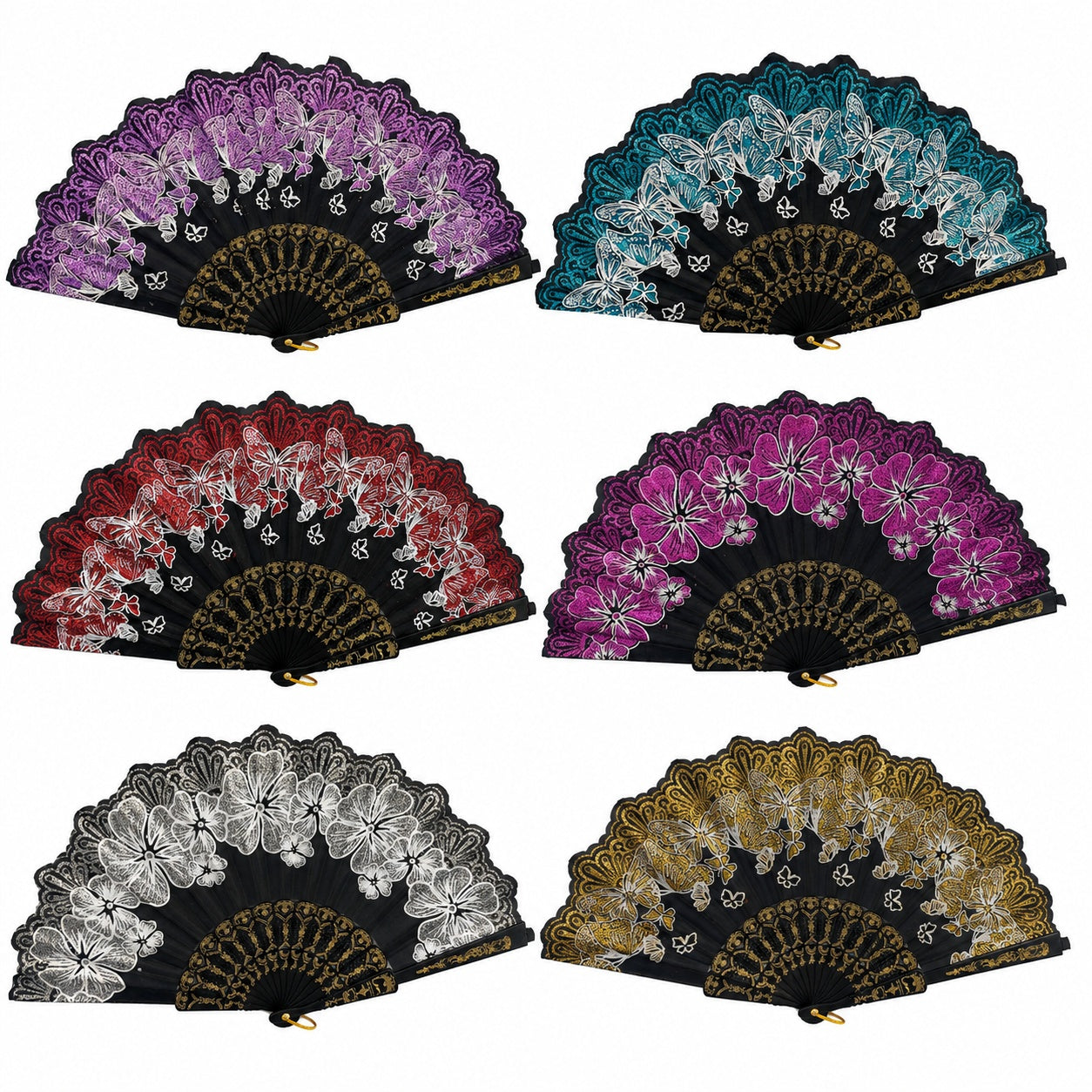 Set 24 Evantaie Decorative Pliabile cu Fluturi si Model Floral, 24 cm, Diverse Culori Elegante