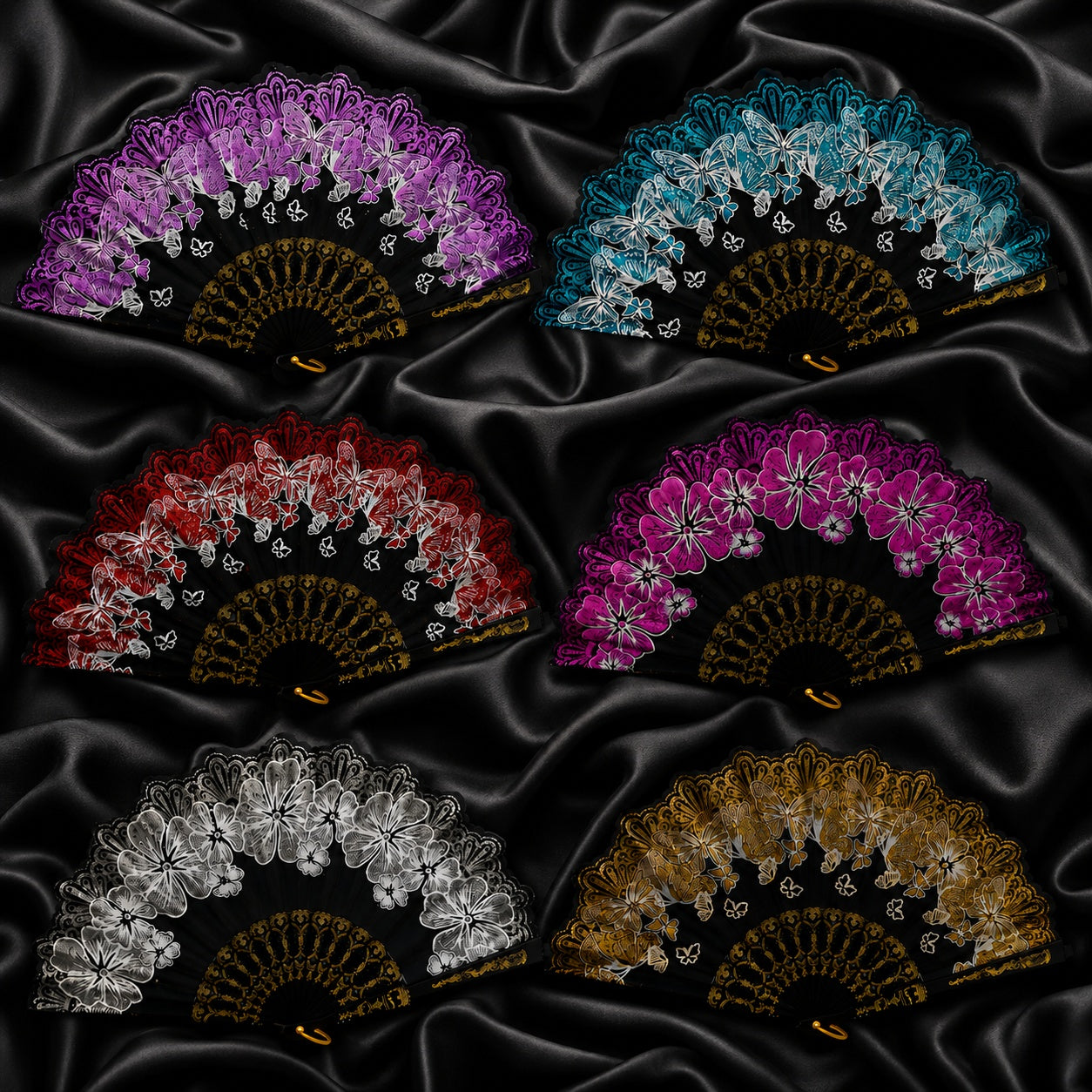Set 24 Evantaie Decorative Pliabile cu Fluturi si Model Floral, 24 cm, Diverse Culori Elegante