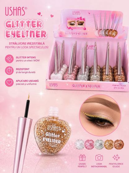 Set 24 Eyeliner cu Sclipici USHAS Glitter Eyeliner – 5 Nuanțe Strălucitoare, Rezistență Îndelungată