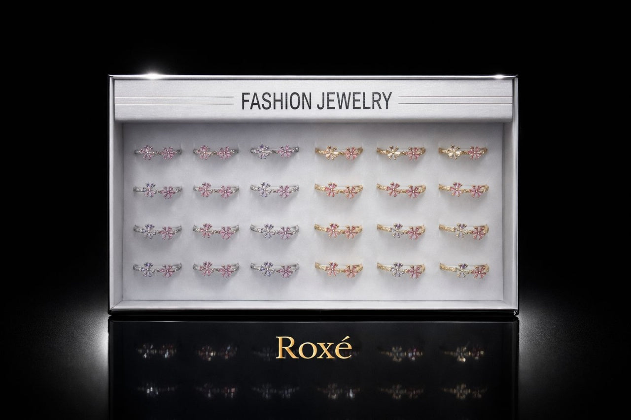Set 24 inele dama elegante cu flori roz si pietre, auriu si argintiu, reglabile ROXE