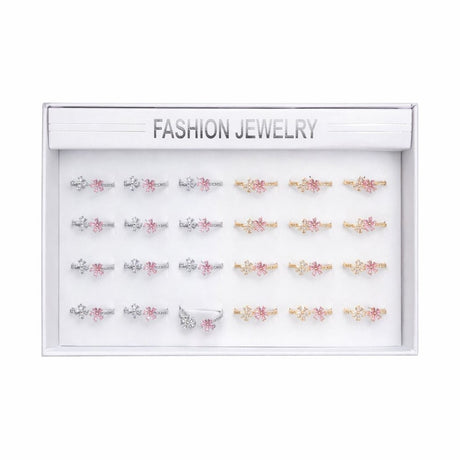 Set 24 inele dama elegante cu flori roz si pietre, auriu si argintiu, reglabile ROXE