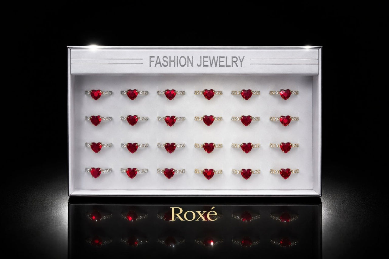 Set 24 inele dama elegante cu inimioara rosie, auriu si argintiu, reglabile ROXE