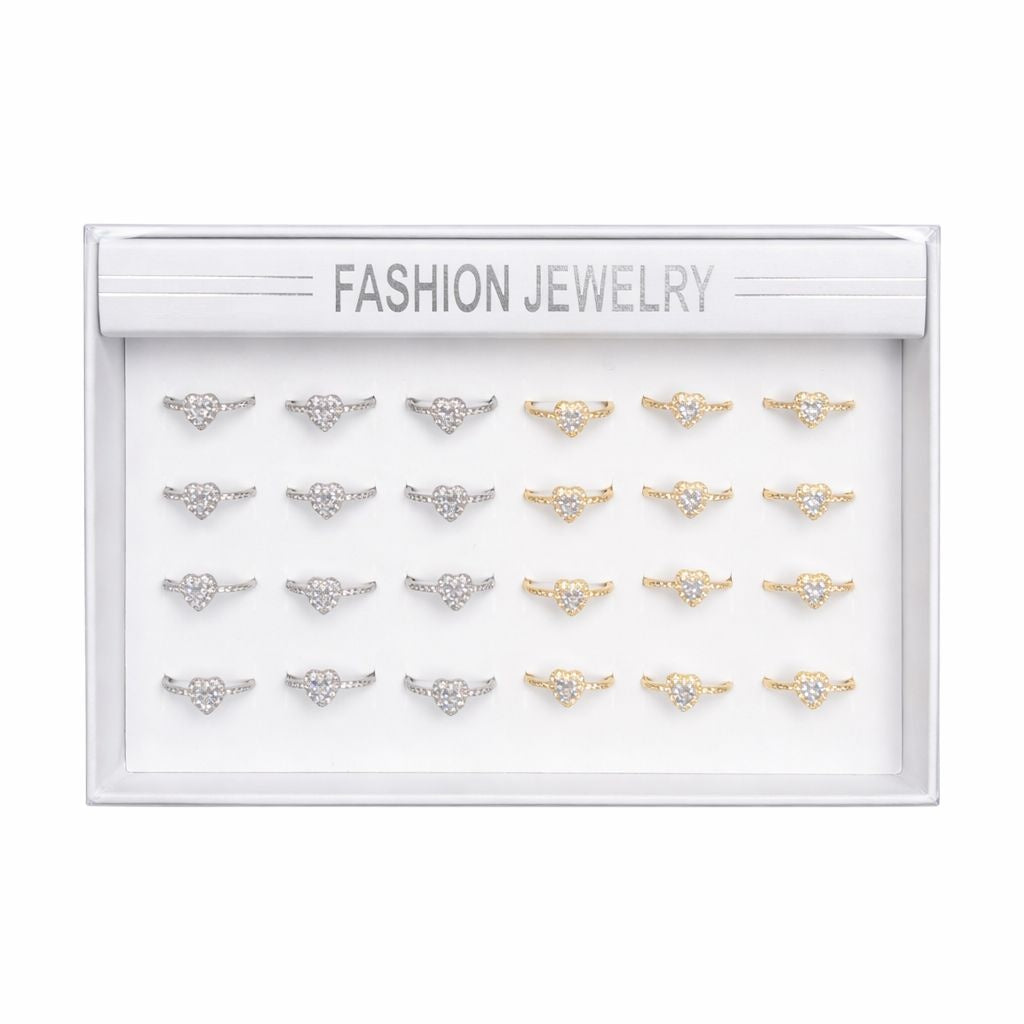 Set 24 inele dama elegante cu inimioara si pietre, auriu si argintiu, reglabile ROXE
