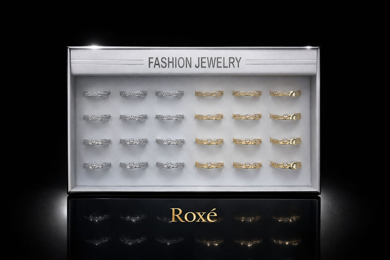 Set 24 inele dama elegante cu pietre fine, auriu si argintiu, reglabile ROXE