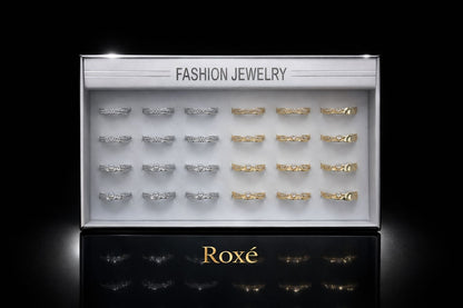 Set 24 inele dama elegante cu pietre fine, auriu si argintiu, reglabile ROXE