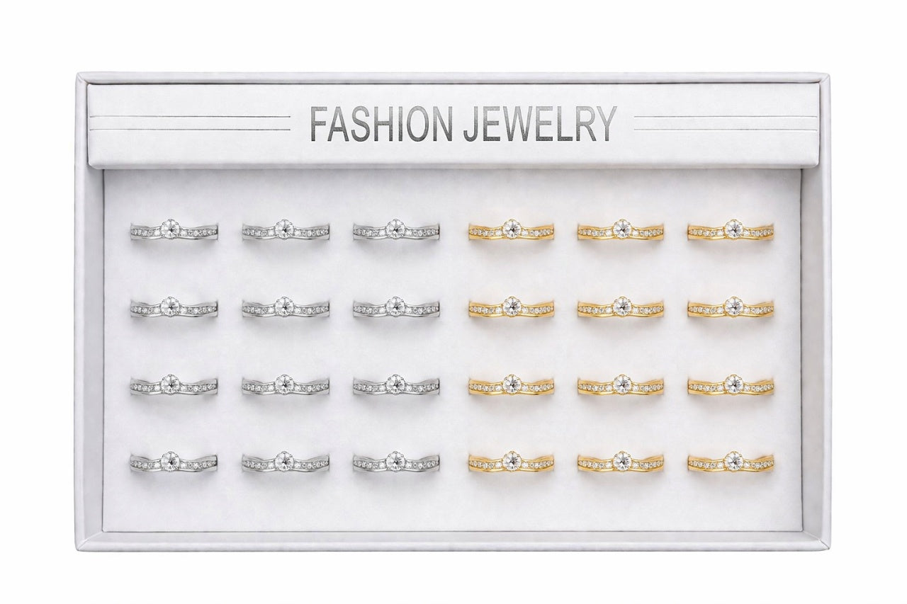 Set 24 inele dama elegante cu pietre fine, auriu si argintiu, reglabile ROXE