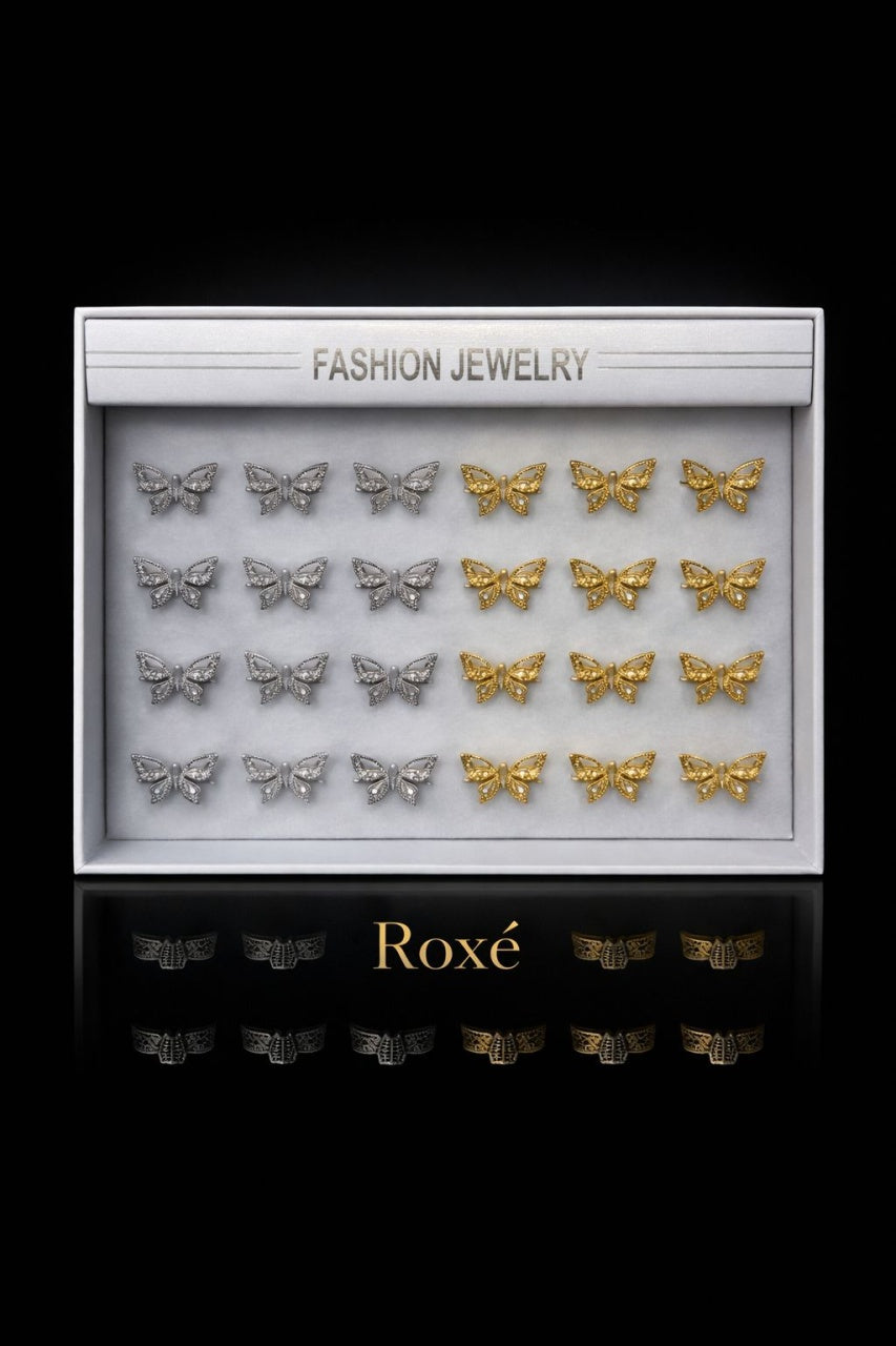 Set 24 Inele Reglabile Fluture ROXE, Inoxidabil, Auriu si Argintiu