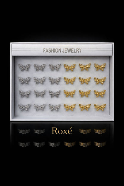 Set 24 Inele Reglabile Fluture ROXE, Inoxidabil, Auriu si Argintiu
