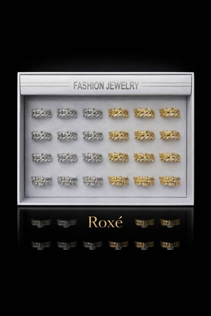 Set 24 Inele Reglabile Model Frunze ROXE, Inoxidabil, Auriu si Argintiu