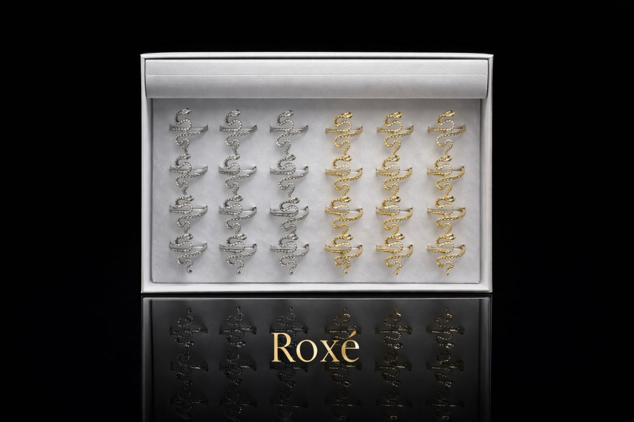 Set 24 Inele Reglabile Sarpe Elegant ROXE, Inoxidabil, Auriu si Argintiu