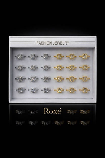 Set 24 Inele ROXE Diamond Square Luxury – Auriu & Argintiu, Reglabile, Cristal Central Elegant