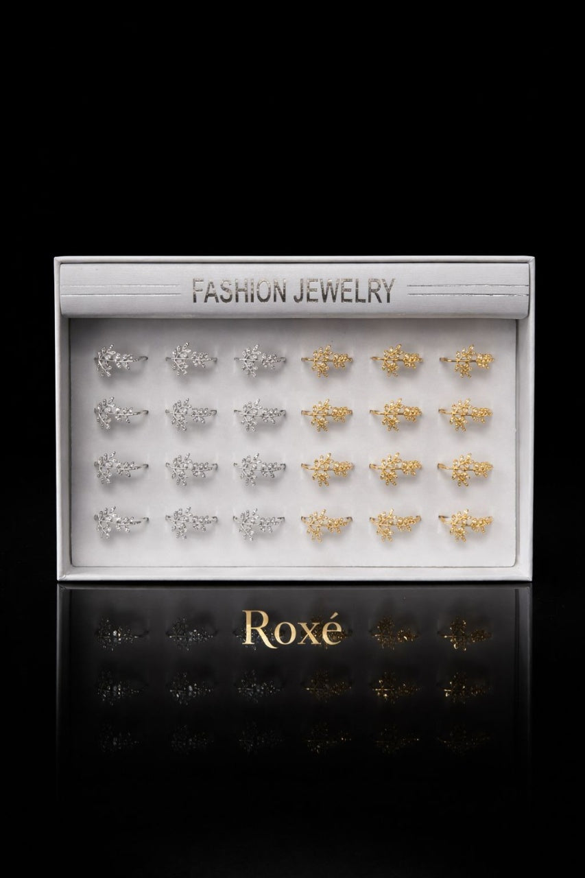 Set 24 inele ROXE elegante argintii si aurii cu design frunza ajustabile