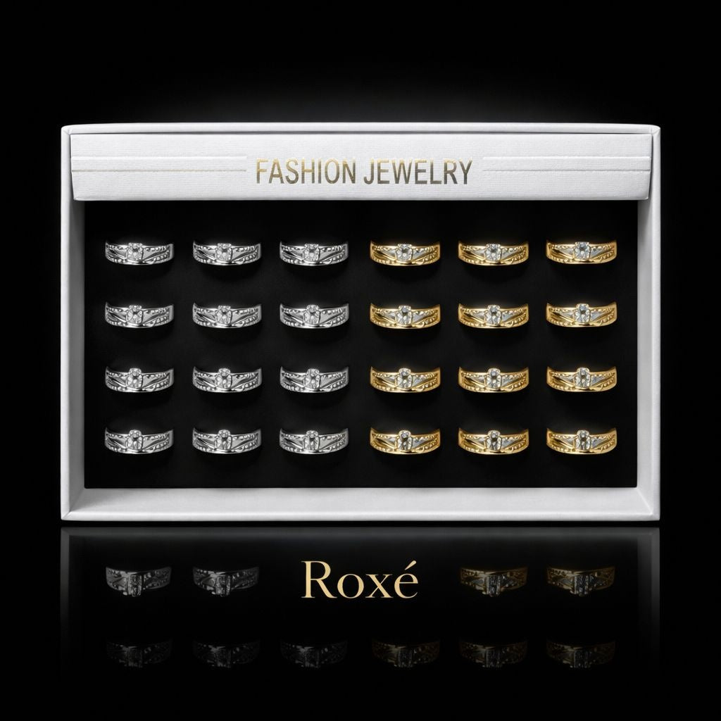 Set 24 Inele ROXE Royal Shine – Auriu & Argintiu, Reglabile, Design Elegant cu Cristale Fine