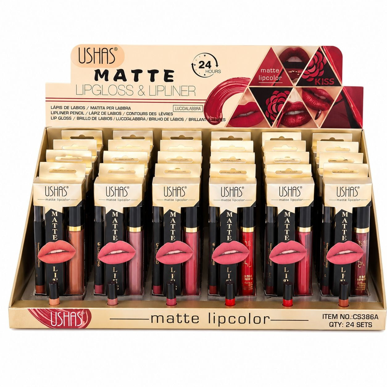 Set 24 Kit-uri Buze USHAS Matte Lipcolor & Lipliner 2 în 1 – Ruj Lichid Mat și Creion de Buze