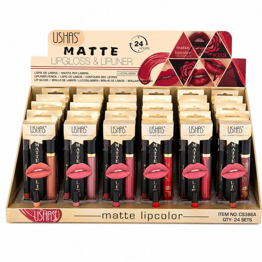 Set 24 Kit-uri Buze USHAS Matte Lipcolor & Lipliner 2 în 1 – Ruj Lichid Mat și Creion de Buze