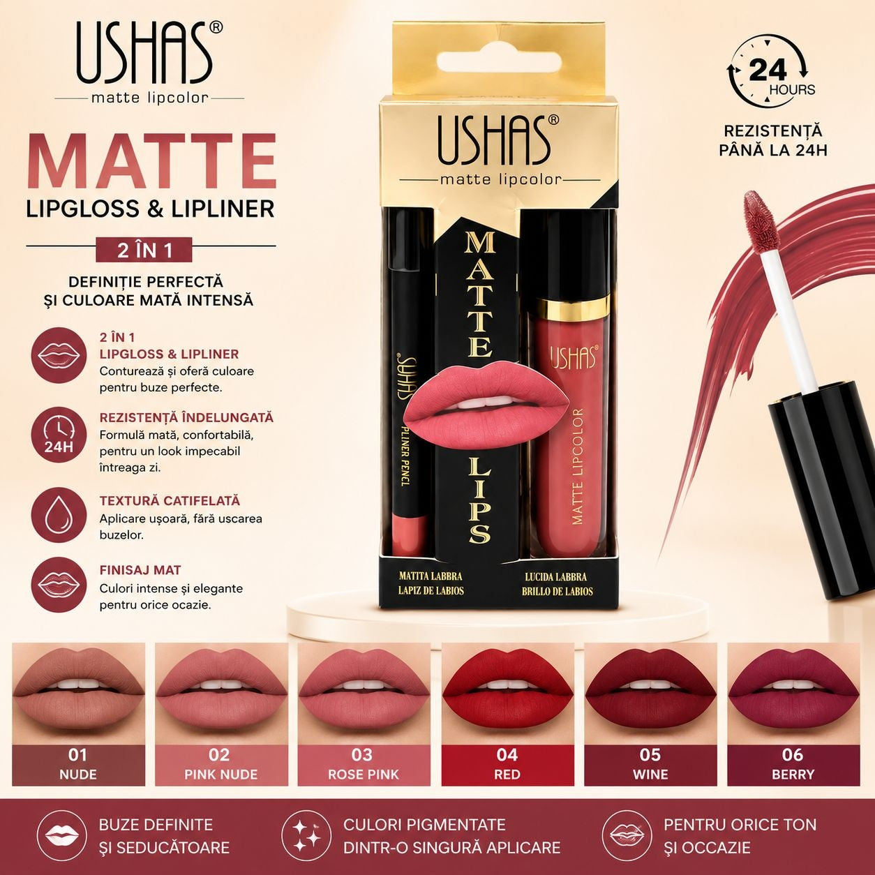 Set 24 Kit-uri Buze USHAS Matte Lipcolor & Lipliner 2 în 1 – Ruj Lichid Mat și Creion de Buze