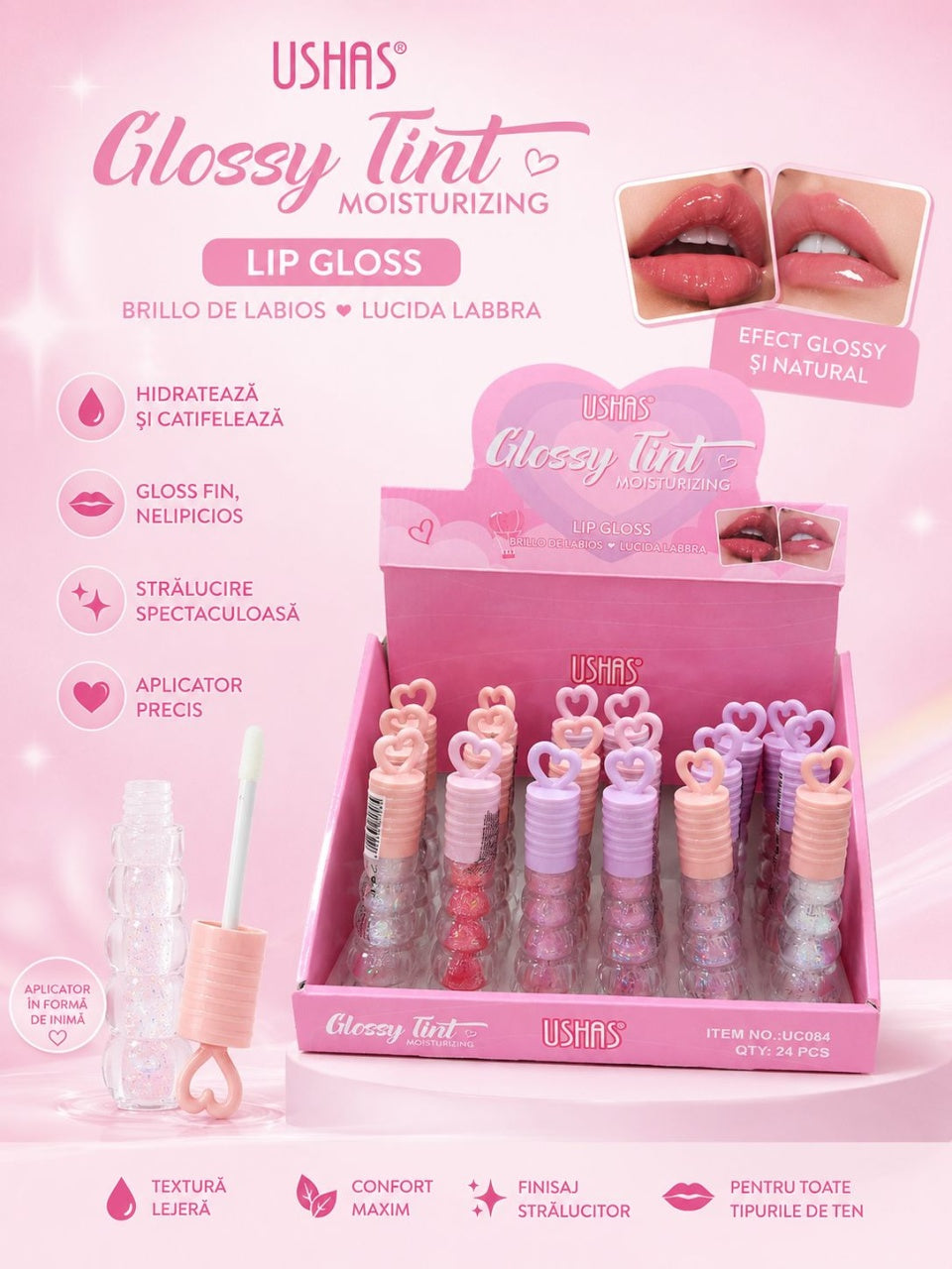 Set 24 Luciu de Buze Glossy Tint USHAS – Efect Lucios, Hidratare și Strălucire Naturală