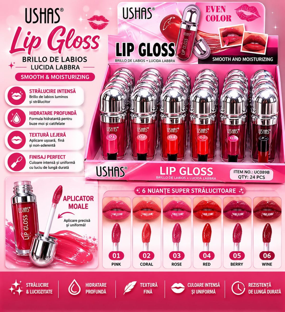 Set 24 Luciu de Buze Hidratante USHAS Lip Gloss Even Color – 6 Nuanțe Strălucitoare, Efect Glossy