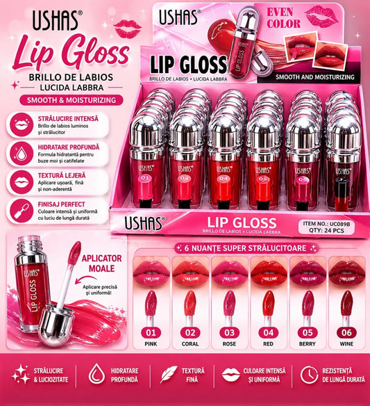 Set 24 Luciu de Buze Hidratante USHAS Lip Gloss Even Color – 6 Nuanțe Strălucitoare, Efect Glossy