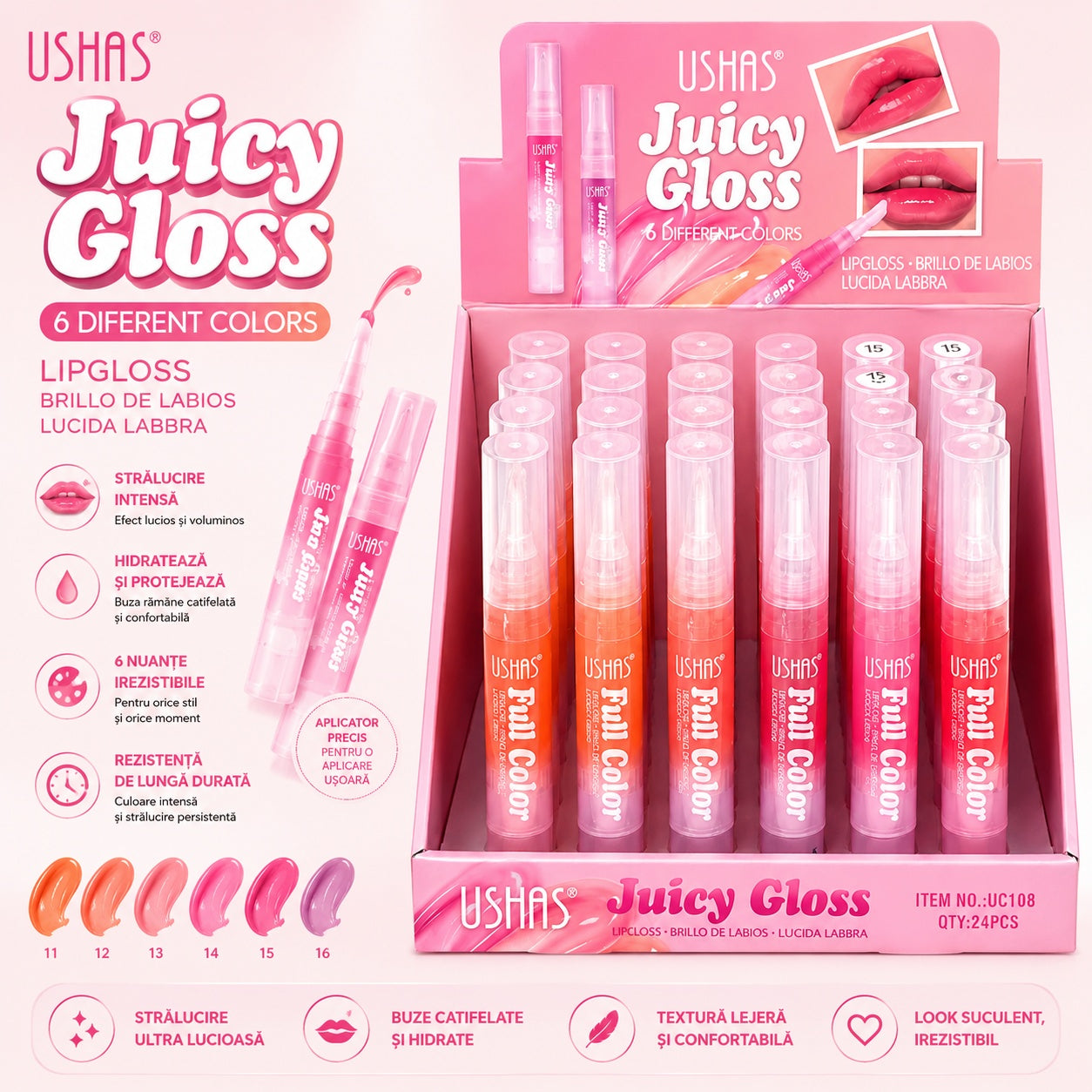 Set 24 Luciu de Buze USHAS Juicy Gloss – 6 Nuanțe Strălucitoare, Hidratare Intensă