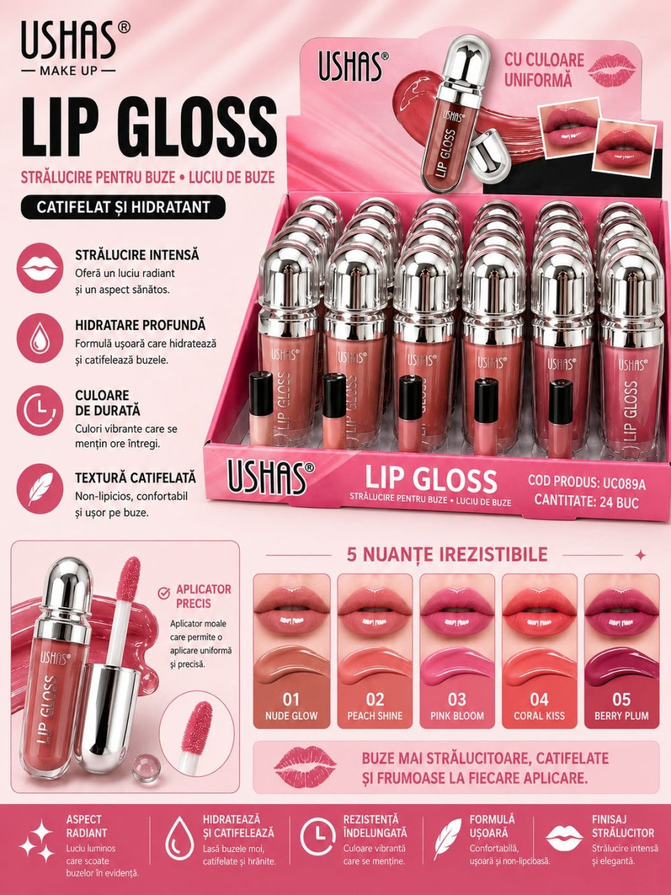 Set 24 Luciu de Buze USHAS Lip Gloss – Nuanțe Nude , Hidratare și Strălucire Intensă