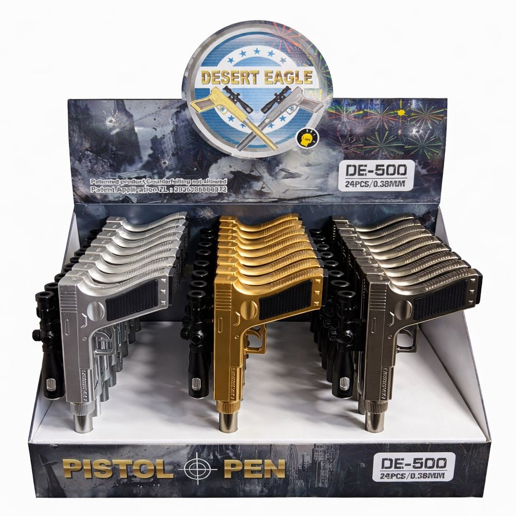 Set 24 pixuri cu pastă model pistol cu lunetă, design metalic decorativ, cu lumina led