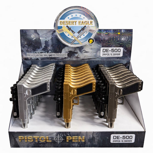 Set 24 pixuri cu pastă model pistol cu lunetă, design metalic decorativ, cu lumina led