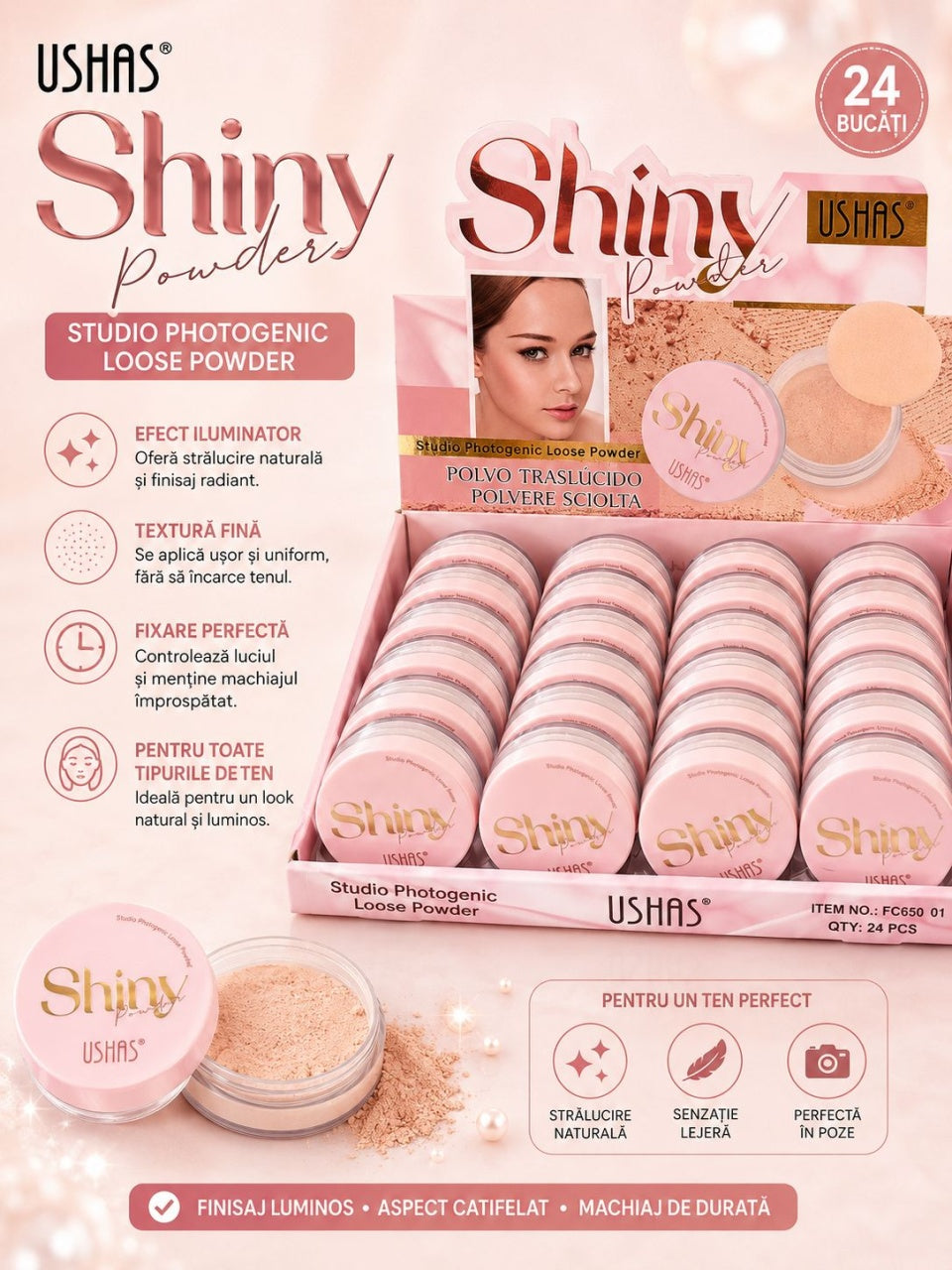 Set 24 Pudra Translucida Alba USHAS Shiny Powder – Pudră Pulbere pentru Fixarea Machiajului