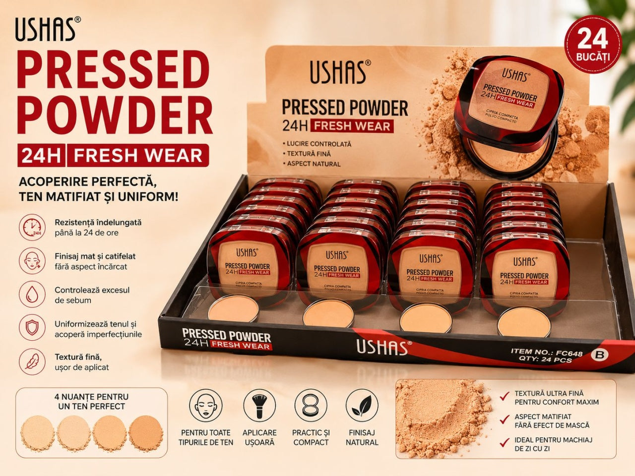 Set 24 Pudre Compacte USHAS Pressed Powder 24H Fresh Wear – Efect Matifiant și Acoperire Naturală