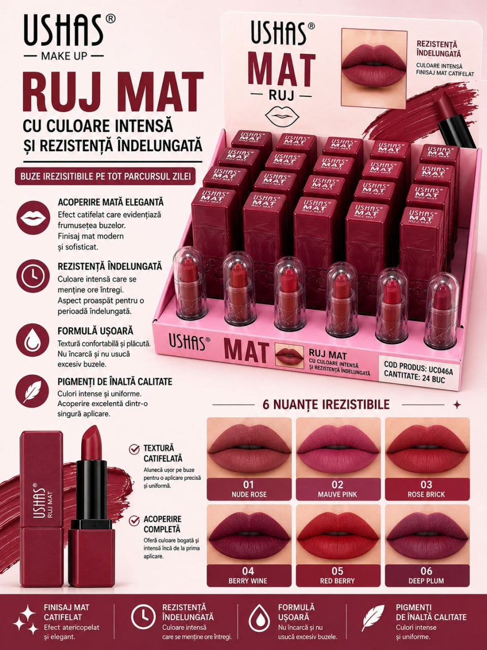 Set 24 Rujuri Mate USHAS – 6 Nuanțe Intense, Rezistență Îndelungată și Finisaj Catifelat