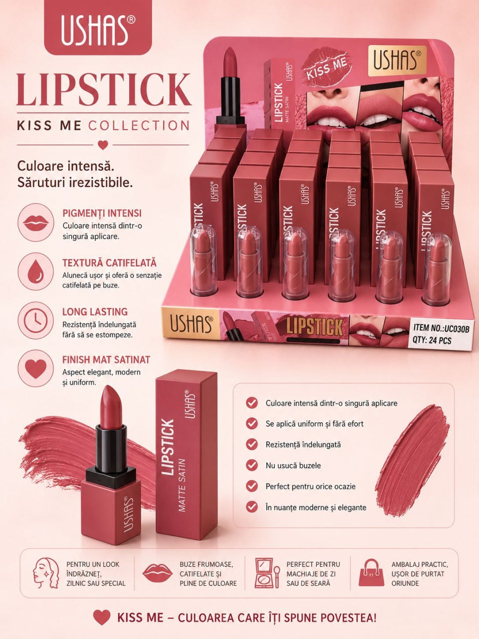 Set 24 Rujuri Mate USHAS Kiss Me – Culoare Intensă, Textură Catifelată și Rezistență Îndelungată