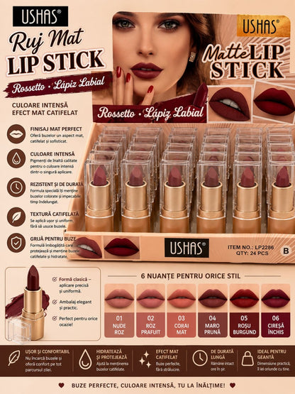 Set 24 Rujuri Mate USHAS Matte Lipstick – 6 Nuanțe Elegante, Culoare Intensă și Rezistență Îndelungată