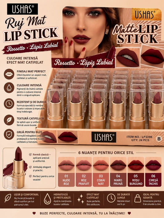 Set 24 Rujuri Mate USHAS Matte Lipstick – 6 Nuanțe Elegante, Culoare Intensă și Rezistență Îndelungată