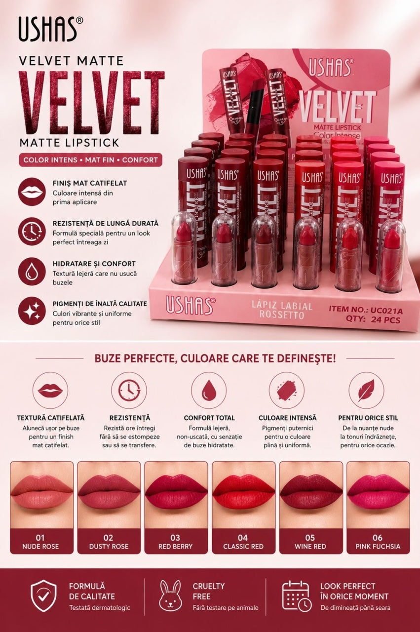 Set 24 Rujuri Mate USHAS Velvet Matte Lipstick – 6 Nuanțe Intense, Finish Catifelat