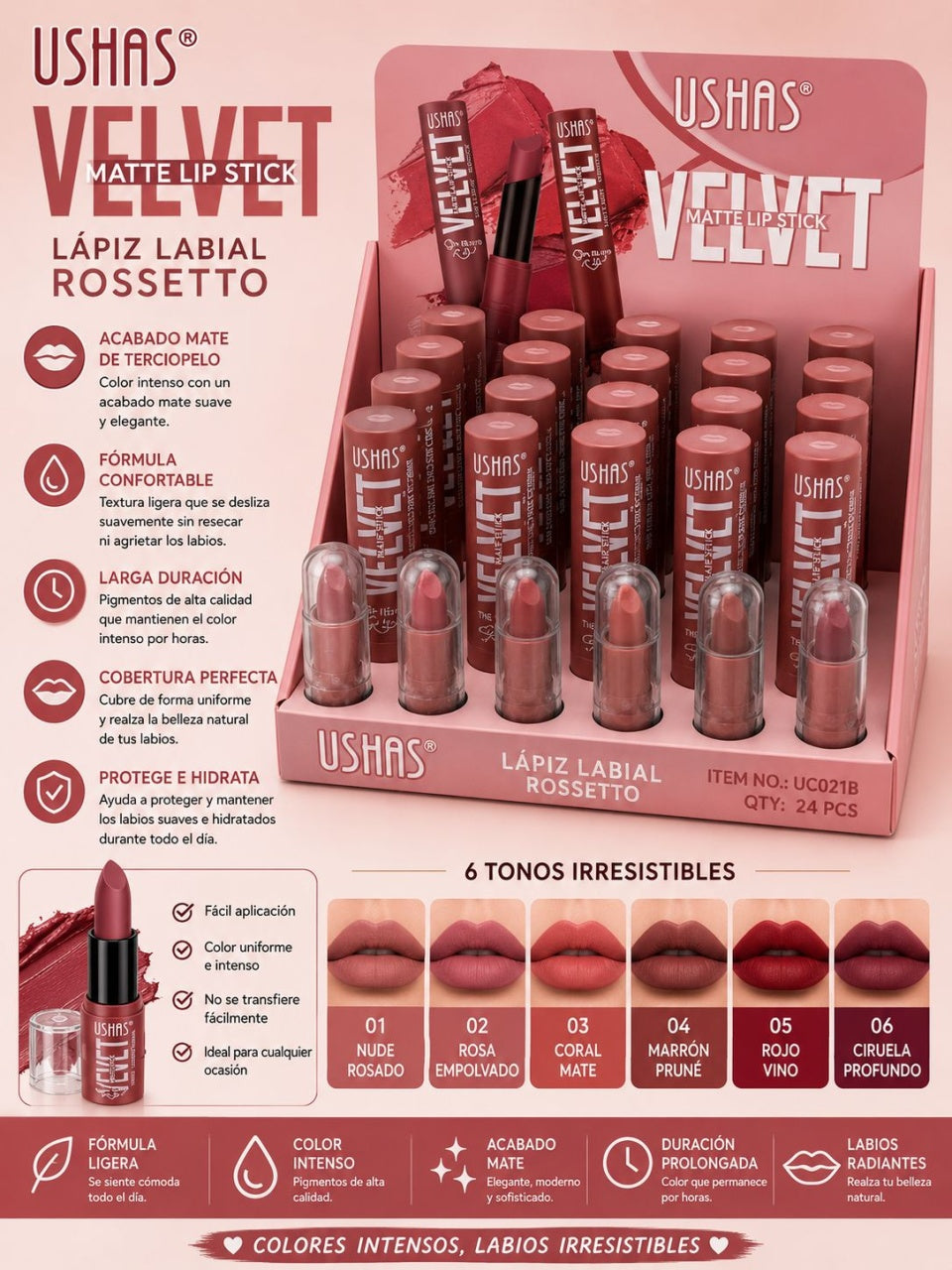 Set 24 Rujuri Mate USHAS Velvet Matte Lipstick – 6 Nuanțe Nude Elegante, Finisaj Catifelat