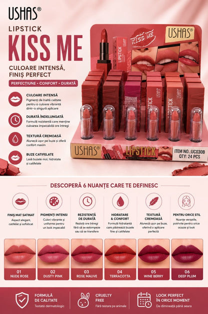 Set 24 Rujuri USHAS Kiss Me Matte Lipstick – 6 Nuanțe Elegante, Culoare Intensă și Rezistență Îndelungată