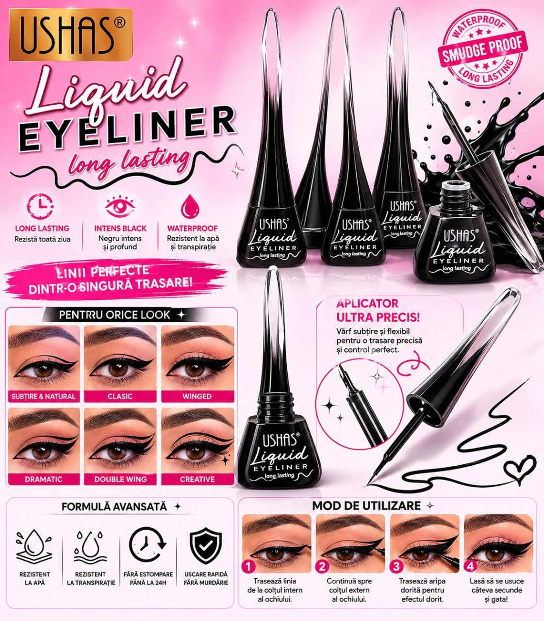 Set 24 Tuș Lichid pentru Ochi USHAS Liquid Eyeliner – Negru Intens, Waterproof, Long Lasting