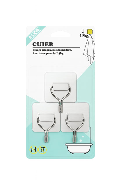 Set 3 cuiere adezive W.Store, 1.5 kg, inox, fixare usoara, design modern