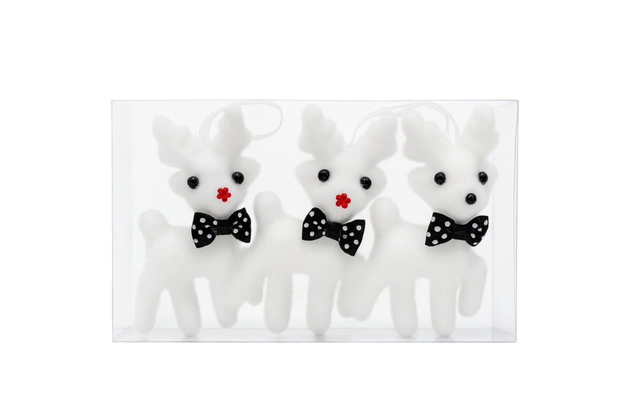 Set 3 decoratiuni ren alb cu papion negru buline, Craciun, 18x11cm