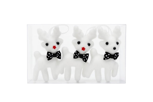 Set 3 decoratiuni ren alb cu papion negru buline, Craciun, 18x11cm