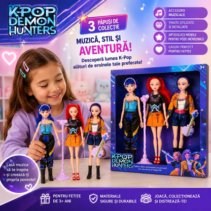 Set 3 Păpuși cu Muzică și Accesorii – Păpuși Fashion Articulate, Cadou pentru Fetițe 3+ Ani