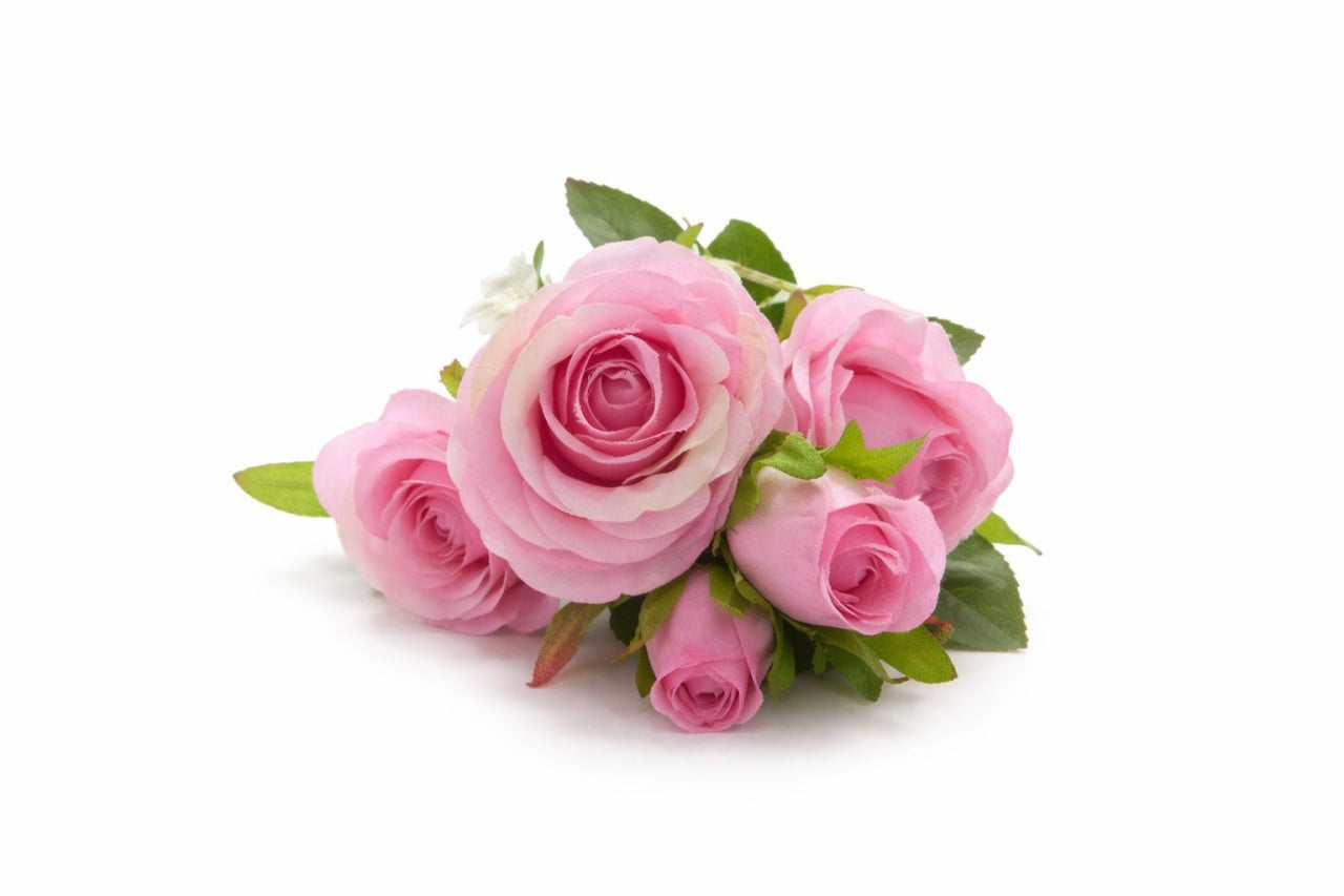 Set 3 trandafiri si 2 boboci roz pudrat, decorativi artificiali, 45 de cm