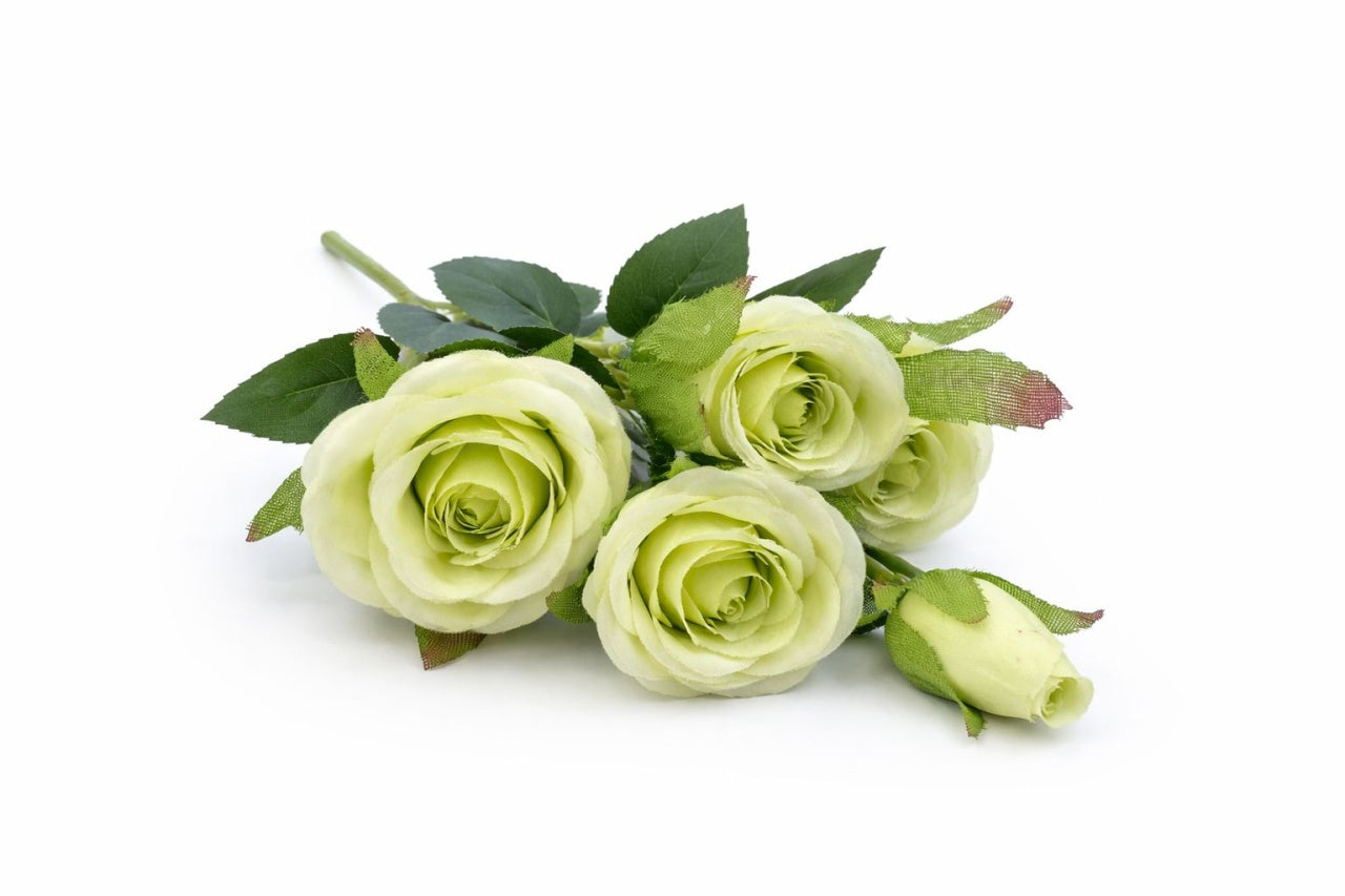 Set 3 trandafiri si 2 boboci verde deschis, decorativi, artificiali, 45 de cm