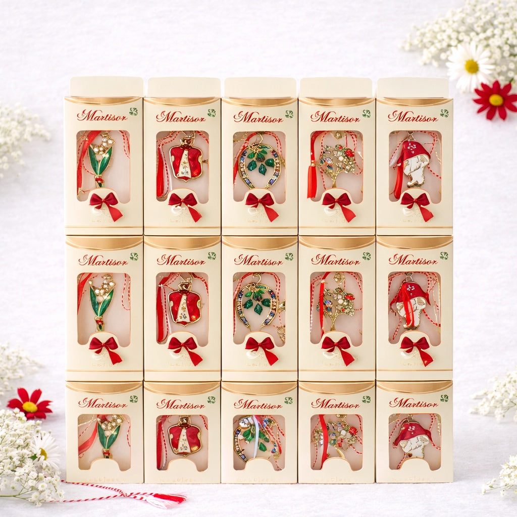 Set 30 Brose Martisor Metalice in Cutie Speciala cu Mesaj, Cadou 1 Martie 10x6 cm